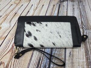 Cowhide Leather Wristlet Wallet NEW Black White Cow Print